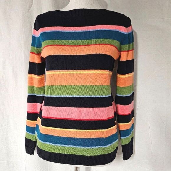 Talbots Navy Blue Colorful Striped Cotton Blend Boat Neck Preppy Knit Sweater - Picture 1 of 12